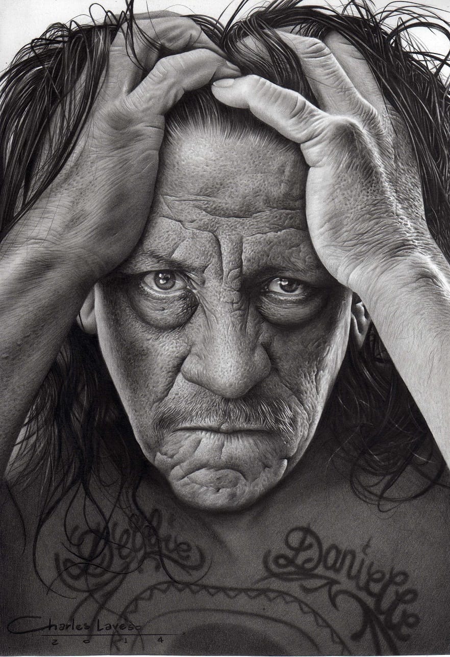 Desenho realista feito à mão — Charles Laveso - Danny Trejo - Fabriano 4L A4 #dr545 | Desenhos Realistas