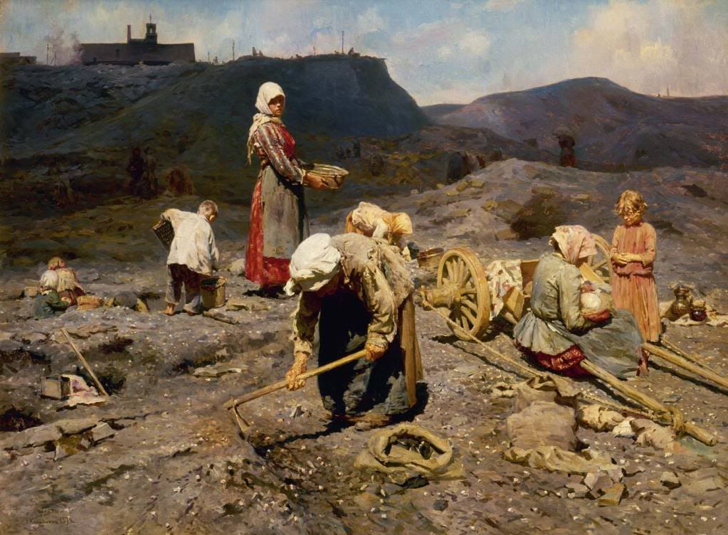 Pintura realista de Nikolai Kasatkin retratando trabalhadores pobres em uma mina abandonada