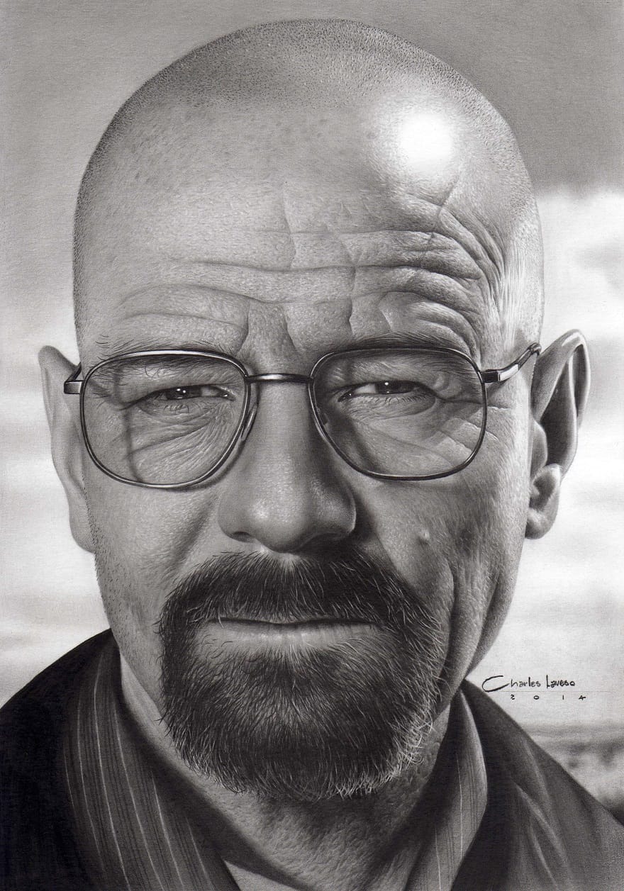 Retrato realista de Walter White feito a lápis, exemplo do que dá para alcançar treinando os fundamentos