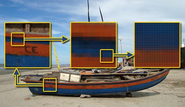 Atributos de uma imagem: imagem de um barco em que mostra os pixels cada vez mais próximos