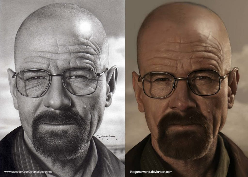Comparação entre um desenho realista a grafite e uma pintura digital com abordagem realista