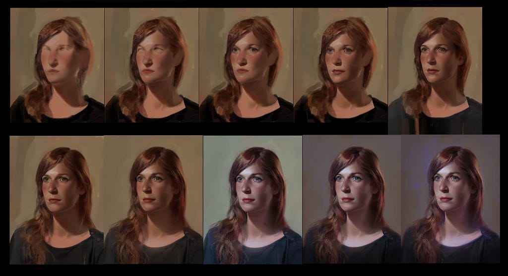 Passo a passo de um retrato digital realista mostrando as camadas de construção