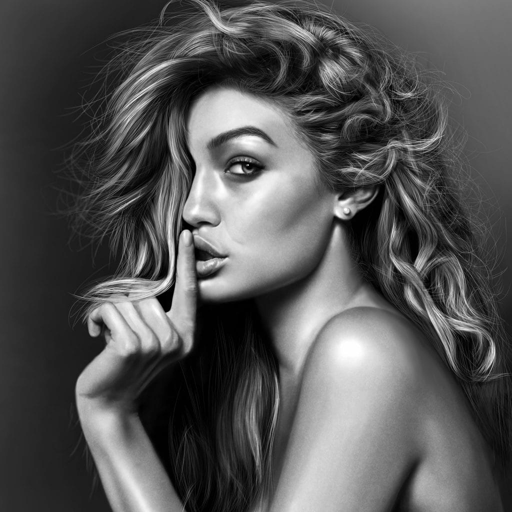 Retrato digital realista da modelo Gigi Hadid feito por Ji Fu