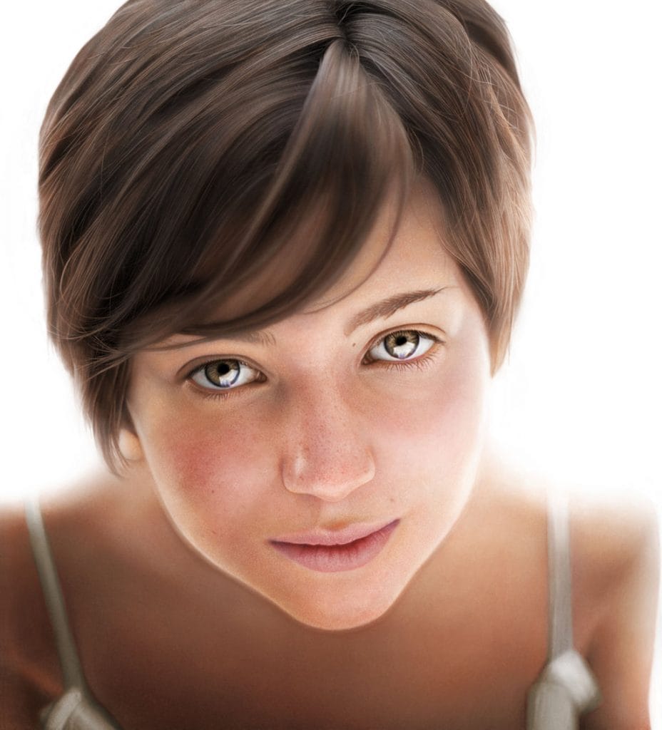 Retrato realista digital com atenção ao detalhamento de pele e olhos