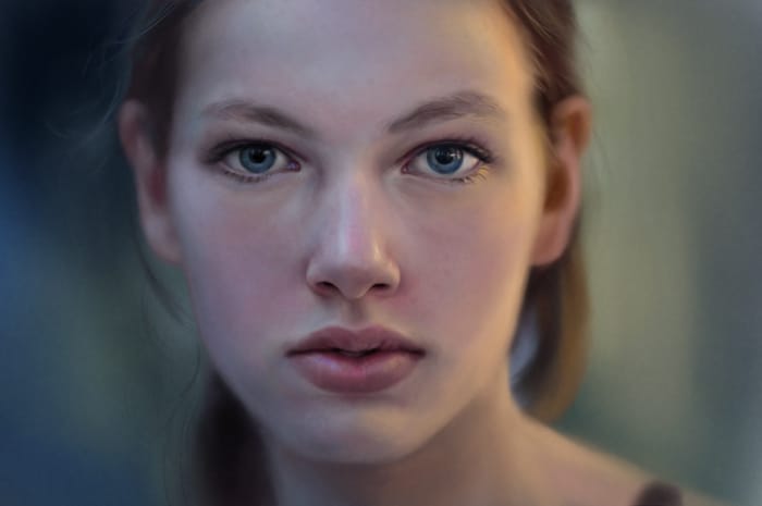 Estudo digital de retrato realista com foco em iluminação e textura de pele