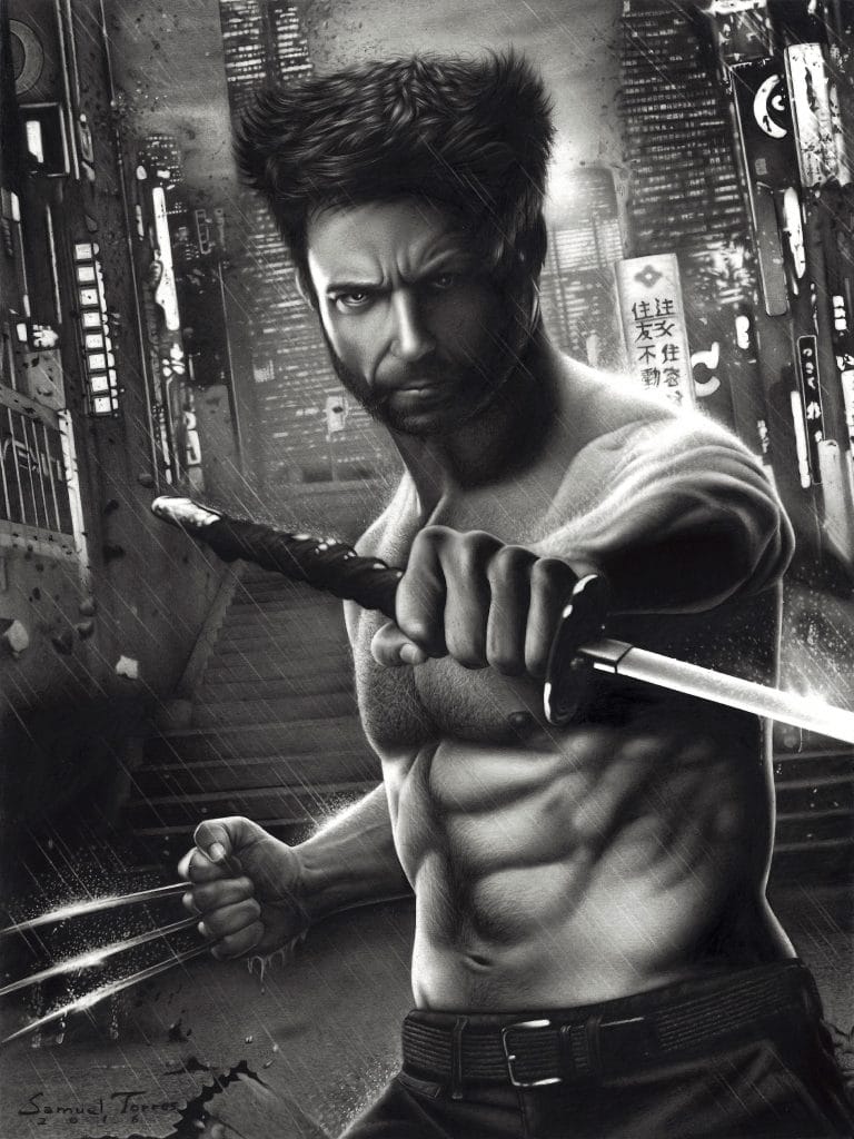 Desenho realista do personagem Wolverine na chuva, com detalhes ricos no corpo e no cenário