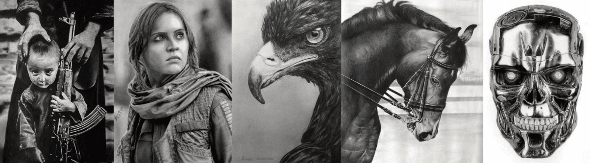 Exemplos de desenhos realistas feitos por artistas em desenvolvimento