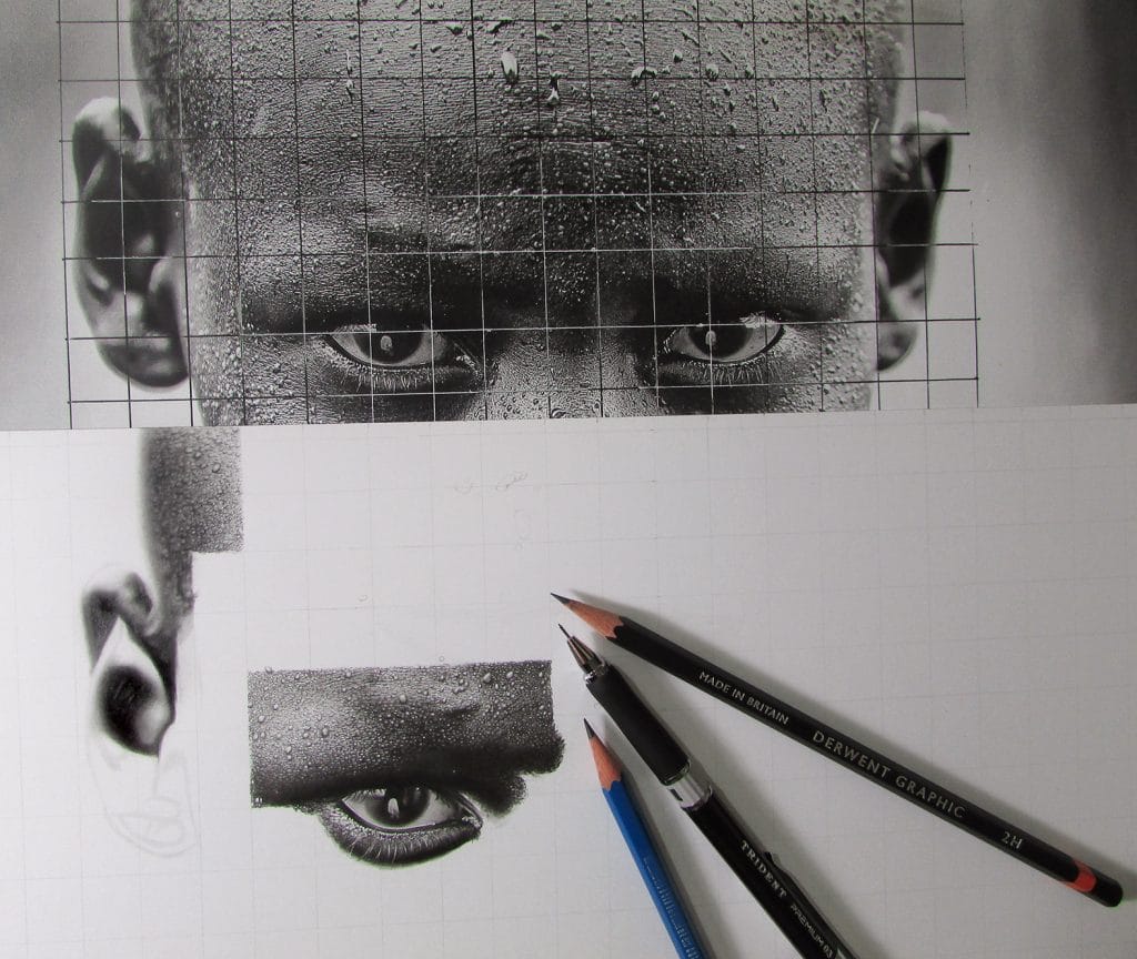 Método do quadriculado aplicado sobre desenho realista em progresso