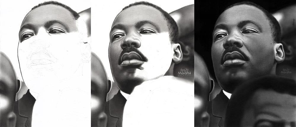 Comparação entre início e fim de um retrato realista mostrando como o contraste evolui