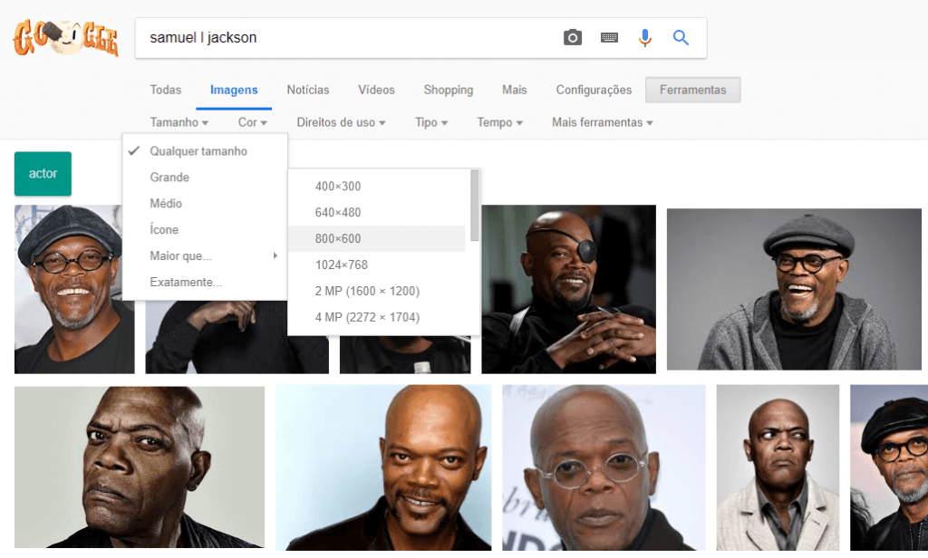 Captura de tela do Google Imagens mostrando o filtro Tamanho selecionado como Grande