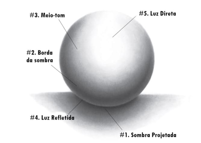 Estudo com escala de cinco valores de luz e sombra em desenho realista