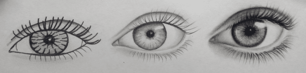 Três desenhos do mesmo olho mostrando níveis progressivos de percepção no desenho realista