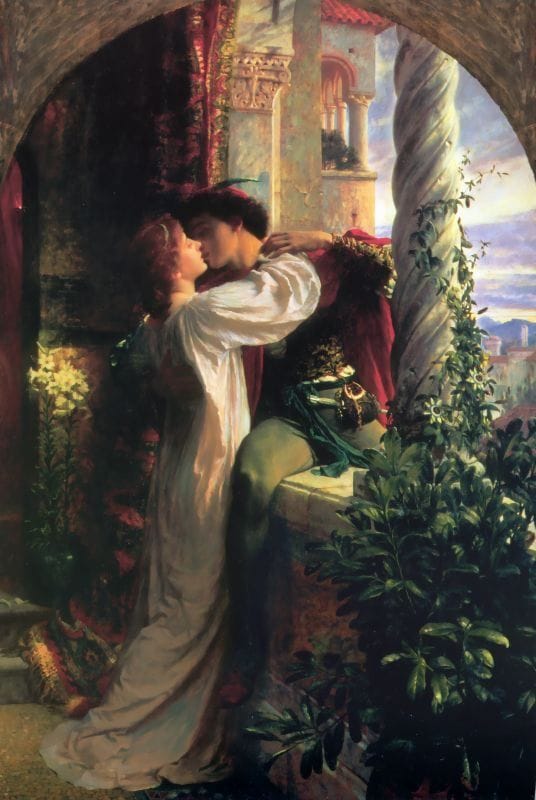 Pintura romântica de Frank Dicksee representando idealização de figuras humanas