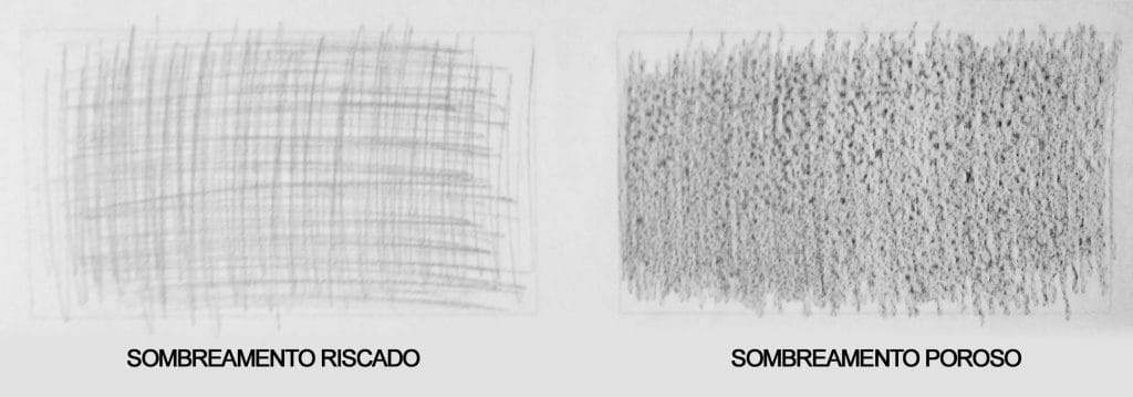 Exemplo comparativo de sombreamento suave e rabiscado num desenho realista