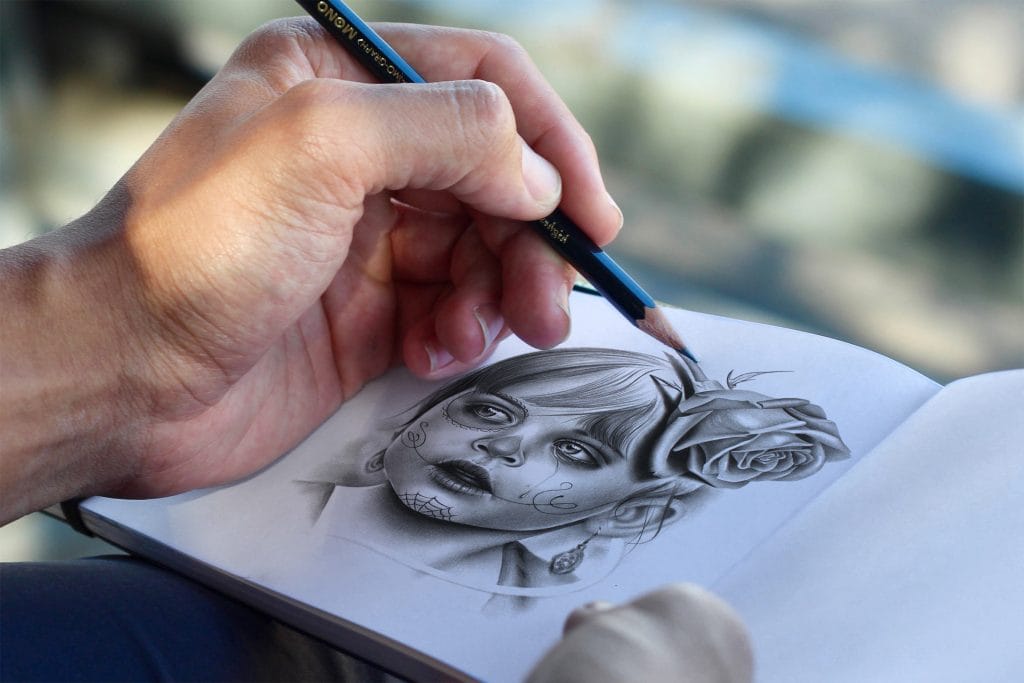 Desenho realista em preto e branco demonstrando iluminação e contraste