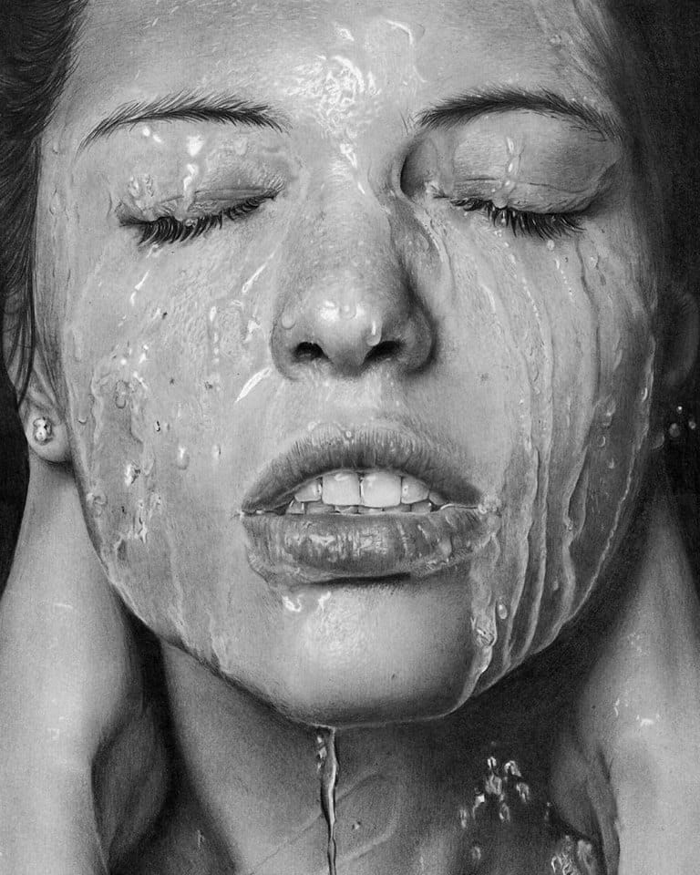 Retrato realista com efeito de gotas na pele, por Ian Ohara