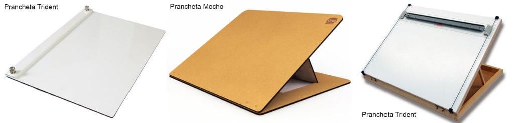 Três modelos de prancheta portátil: Trident comum, Mocho inclinável e Trident maleta