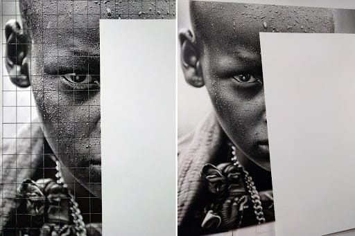 Comparação de contraste entre desenho realista e folha branca de apoio
