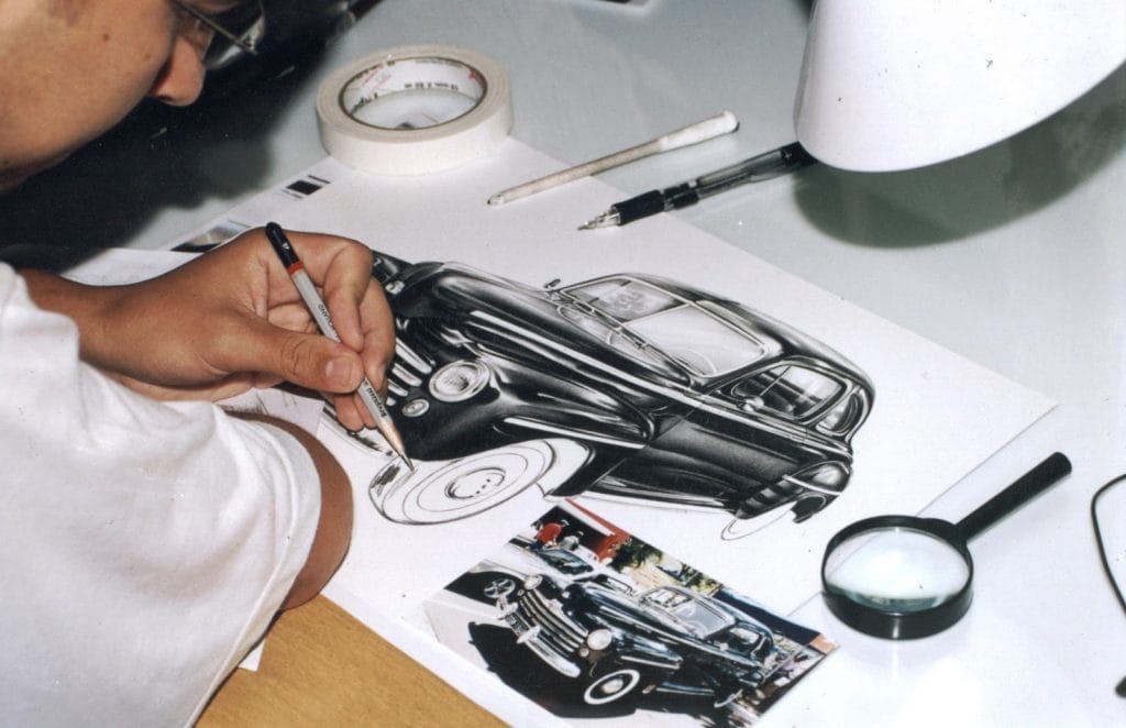 Desenho realista de automóvel como exemplo de trabalho por encomenda